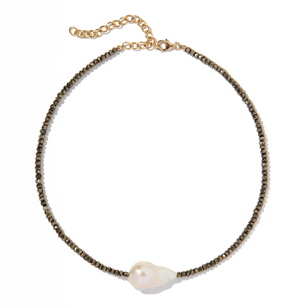 Pyrite single baroque pearl gemstone necklace