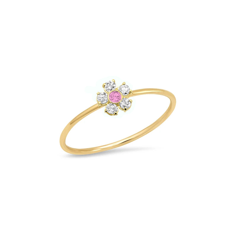 Diamond Flower Ring with Pink Sapphire Center