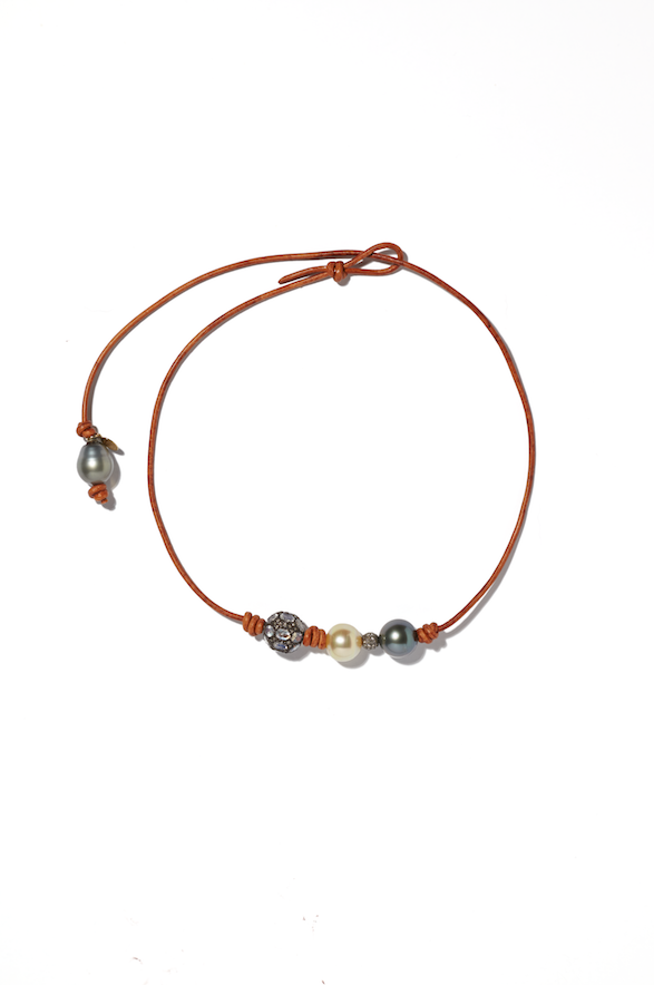 South Sea Tahitian Pearl & Moonstone Diamond Leather Necklace