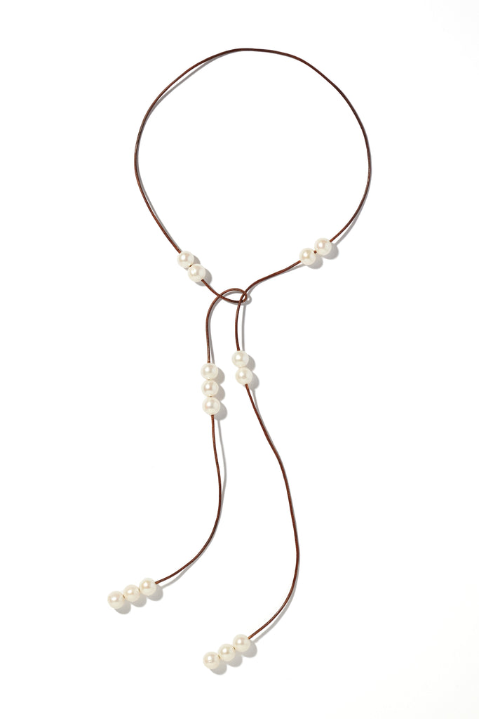 Leather & scattered pearl lariat