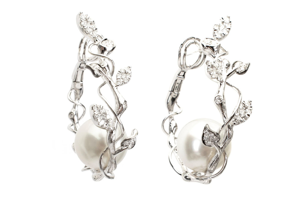 Australian Pearl and Diamond Vine Hoop Earrings