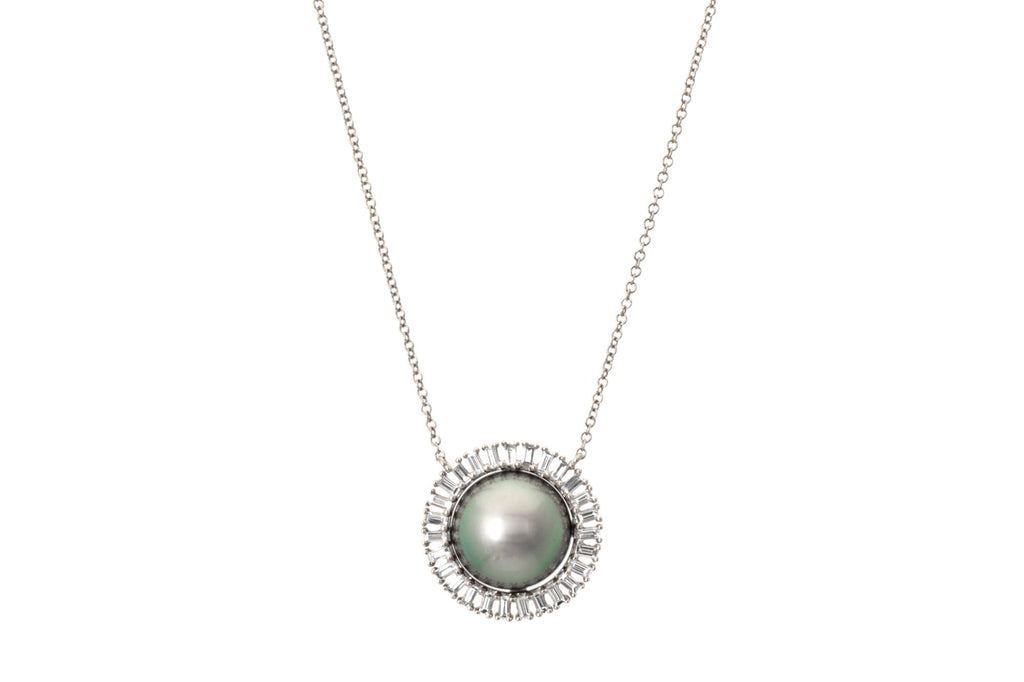 Sliced Tahitian Pearl and Diamond Baguette Necklace