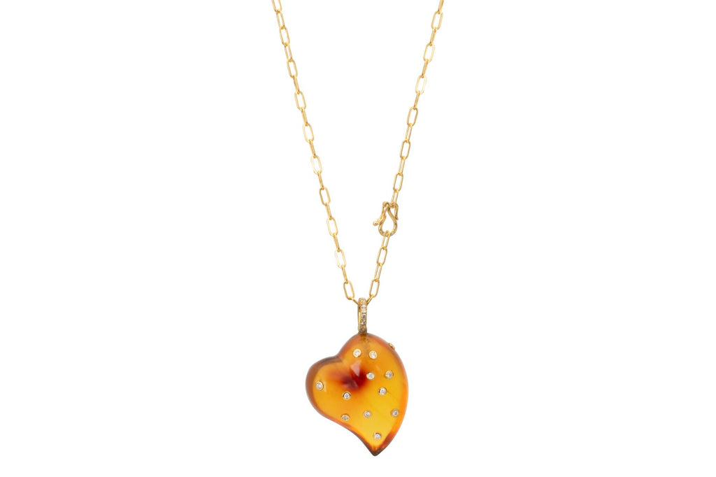 Diamond Bezel Amber Heart Pendant on paperclip chain
