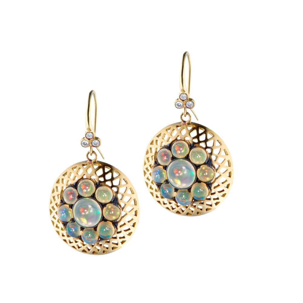 Crownwork Disc Earrings with Opals and Triple Diamond Hooks