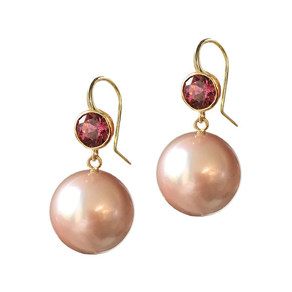 Pink Tourmaline and Pearl Drop Earrings