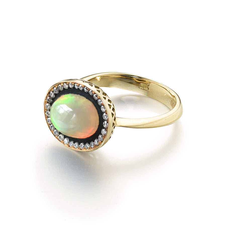 Crownwork Ring with Opal Center Stone and Pave Diamonds