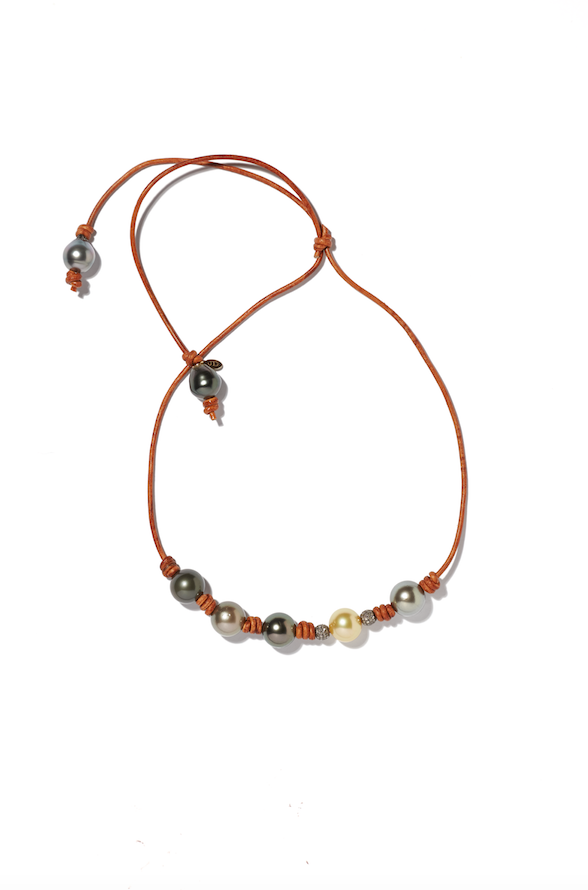 South Sea Tahitian pearl ombre leather & diamond necklace
