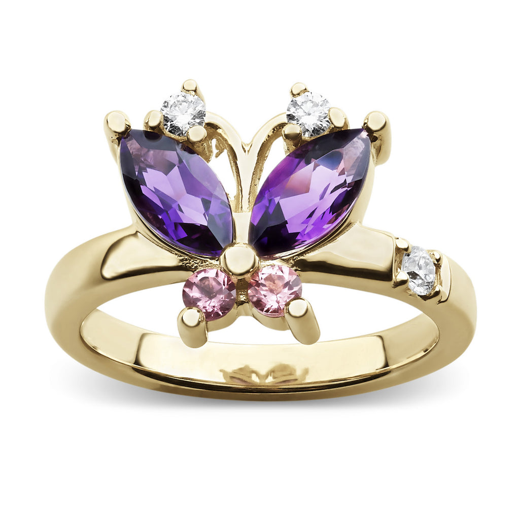 Large volare butterfly amethyst, pink tourmaline and diamond gold cocktail ring