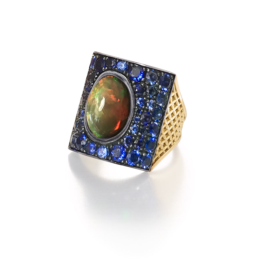 Opal and pave blue sapphire crownwork ring