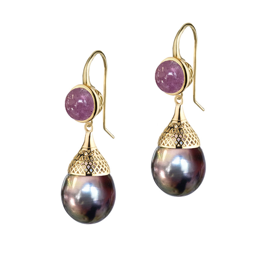 NATURAL PINK SAPPHIRE EARRINGS WITH TAHITIAN PEARL DROPS