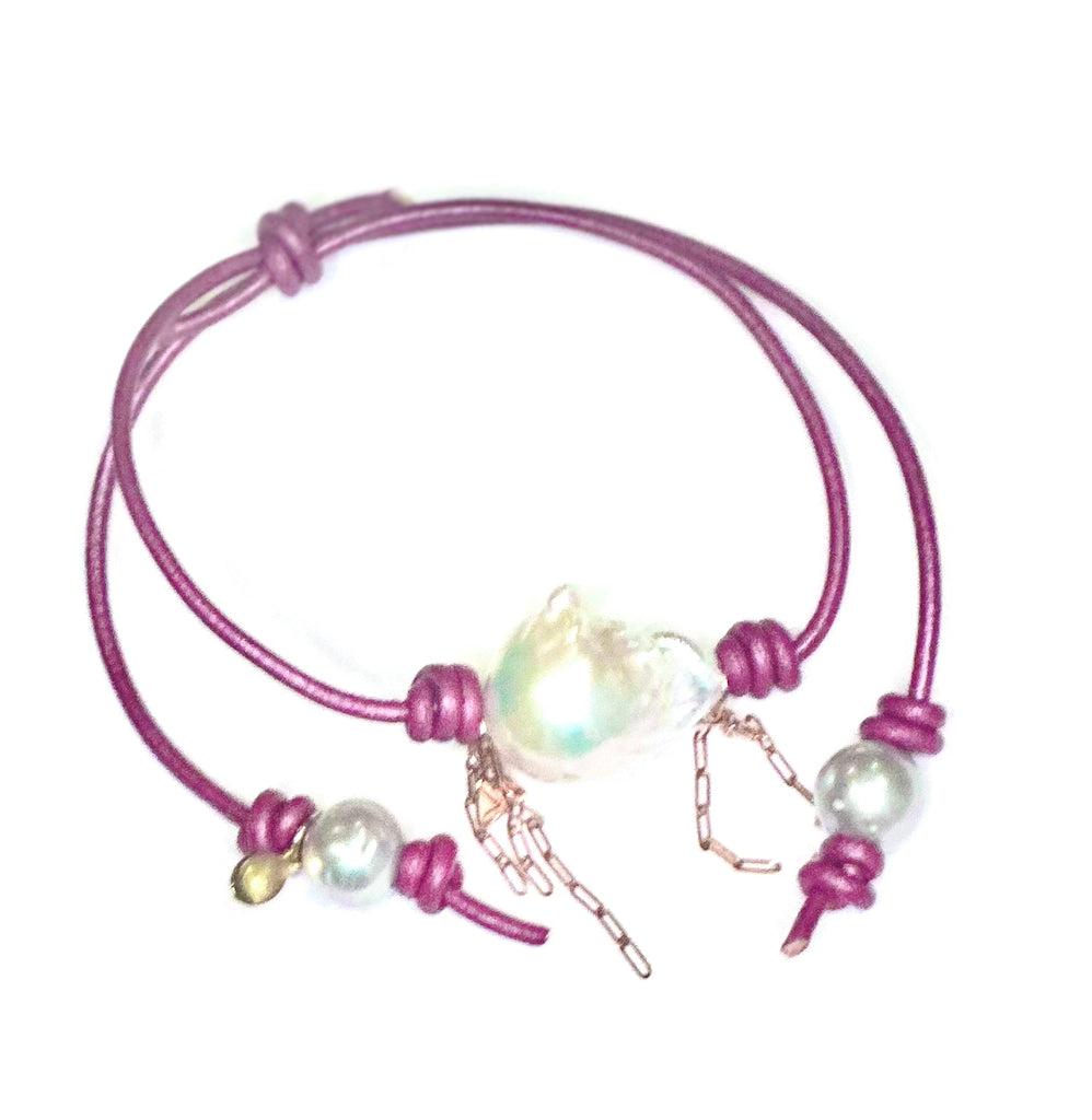 HOT PINK LEATHER WITH BAROQUE PEARL ANKLET
