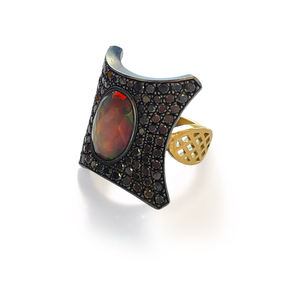 One of a kind Opal and black diamond corner ring